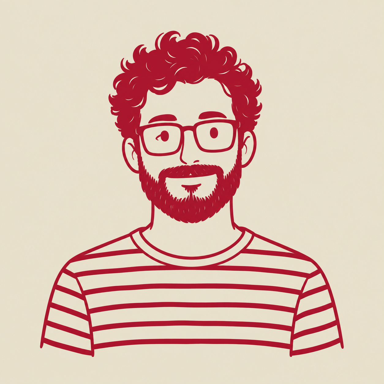 Illustration of Kemal with curly hair, glasses and beard
